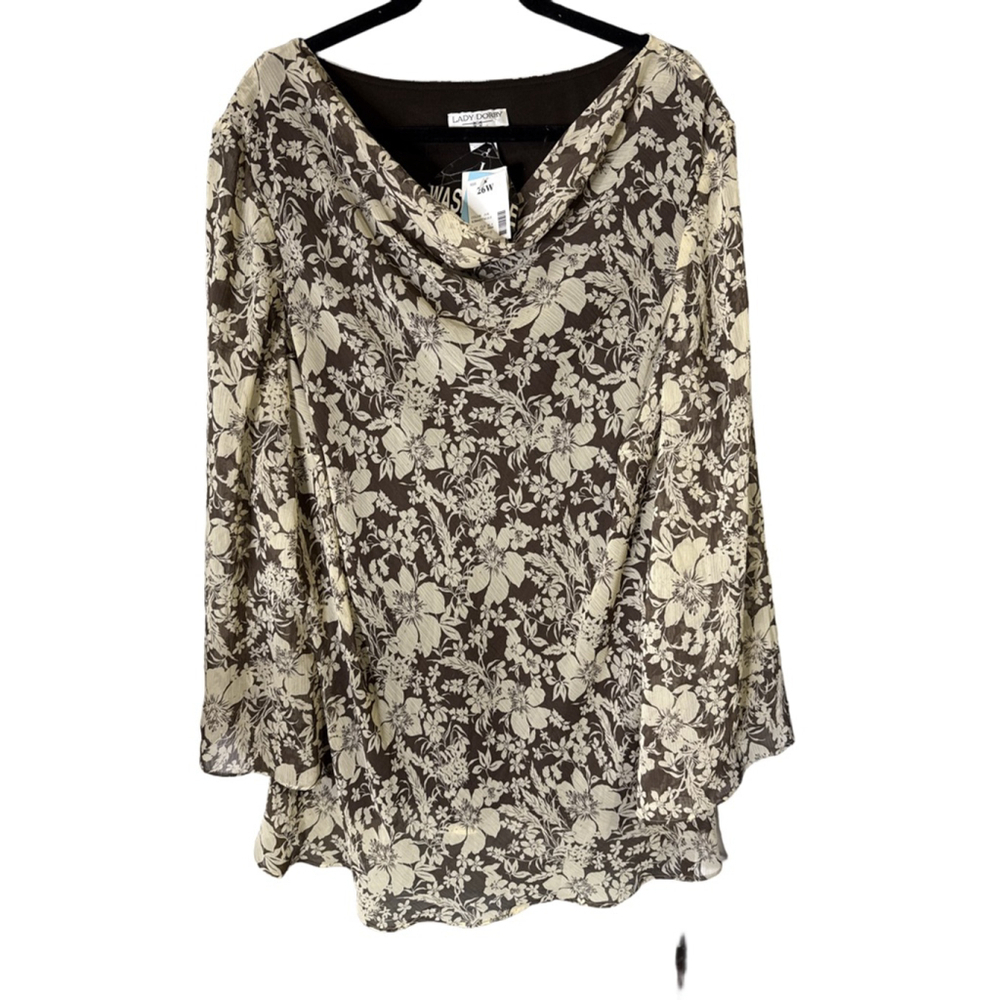 Lady Dorby Blouse Brown Beige Floral Cowl Neck Long Sleeve Size 26W New with Tag